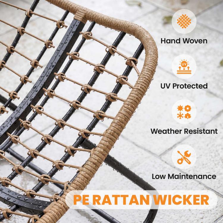 Woven wicker rim detail on rocking egg chair with black support bars