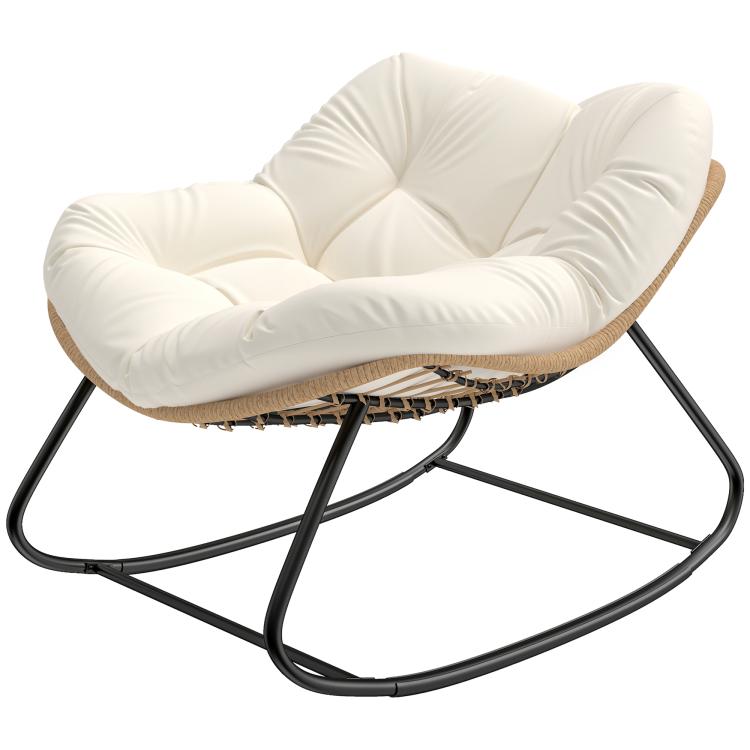 Cream padded rocking egg chair with black curved metal legs and woven seat base