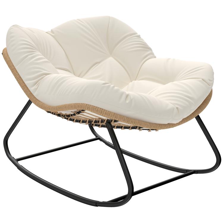 Rocking egg chair with light beige upholstered cushion and black metal frame