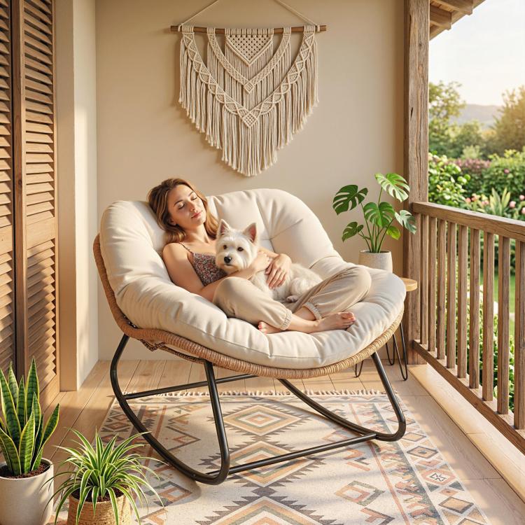 Cream cushioned rocking chair with woven rattan sides and black metal rockers on porch