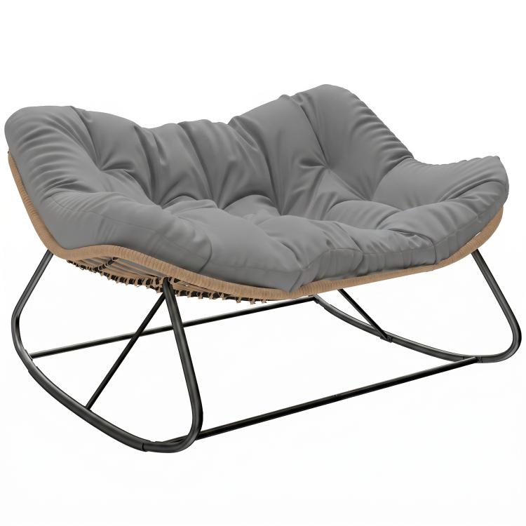 Gray tufted egg rocking chair cushion with woven edge and black metal rock frame