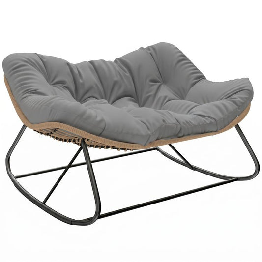 Gray tufted papasan rocking chair cushion with tan woven base and black curved rockers