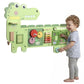 Green dinosaur busy board with colorful gears, bead slider, and maze activity details