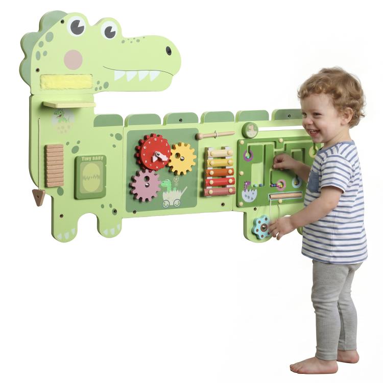 Green dinosaur busy board with colorful gears, bead slider, and maze activity details