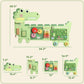 Green dinosaur busy board size chart diagram with activity layout and measurements
