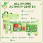 Green dinosaur activity center diagram showing mirror, flipboard, pluck block, gears, maze
