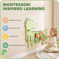 Green dinosaur busy board learning activity diagram with mounted panels and toddler