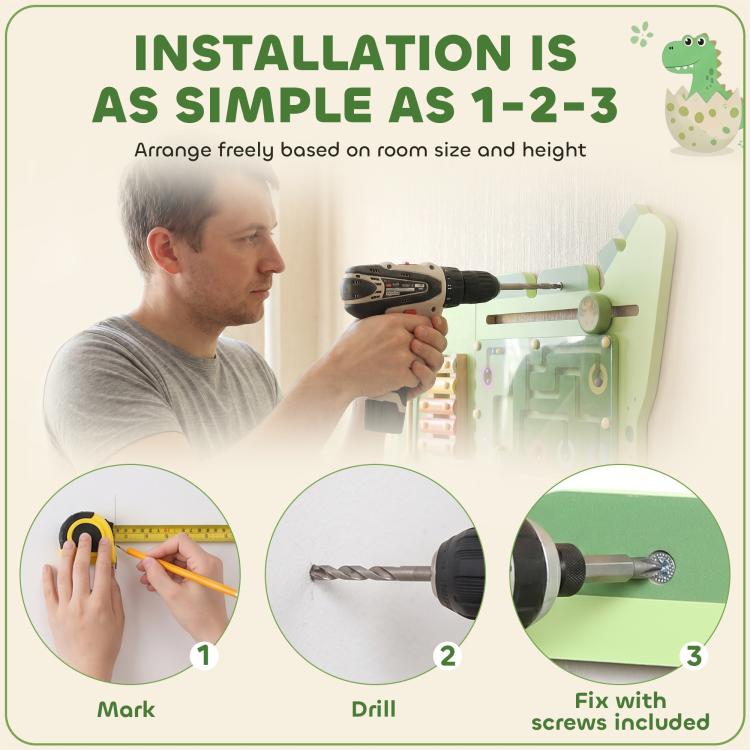 Green dinosaur busy board installation guide diagram with drill and screw instructions