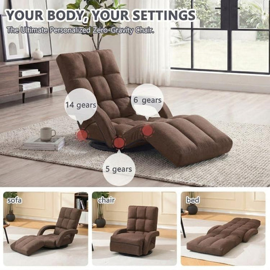 Brown reclining floor chair with padded headrest, armrests, and extended leg rest.