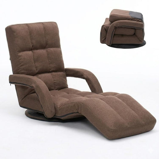 Brown padded floor recliner chair with armrests and extended footrest, swivel base.