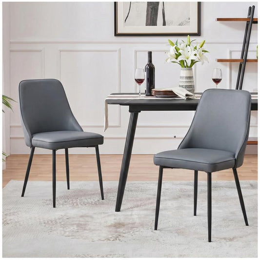 Grey faux leather dining chair set of 2 with curved back and black metal legs