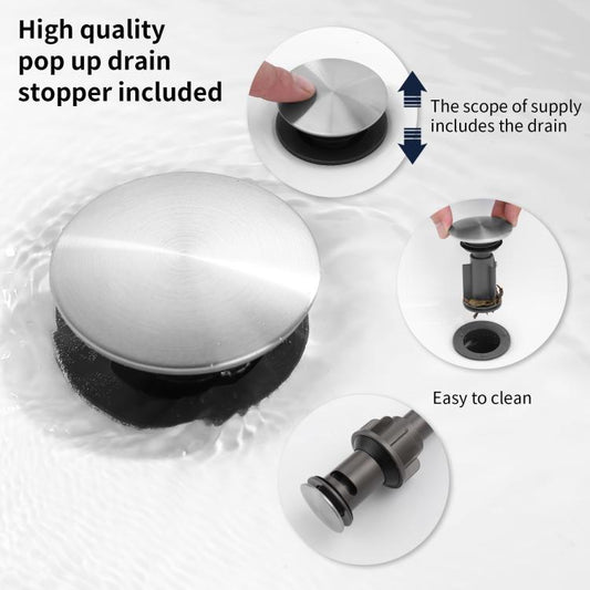 Brushed nickel pop-up drain assembly with metal stopper for bathroom sink faucet