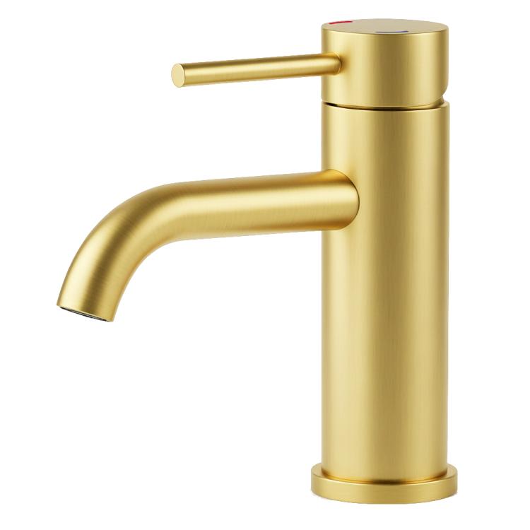 Brushed gold single-handle bathroom faucet with curved spout and single-hole base