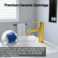 Brushed gold single-handle bathroom faucet with water flow and cartridge detail callout