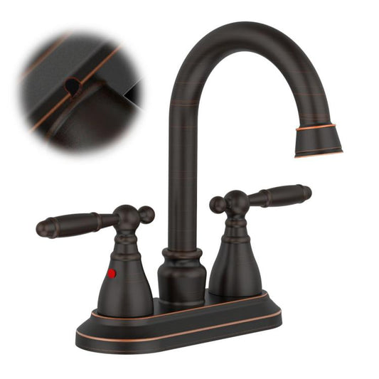 Oil-rubbed bronze bathroom faucet with high-arc swivel spout and dual handles