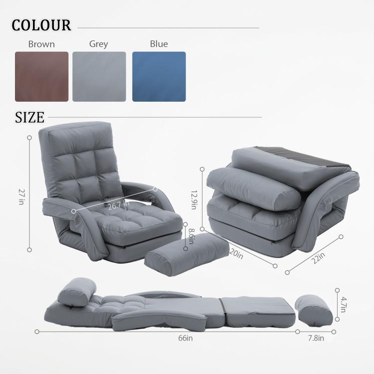 Grey folding lounge chair with matching ottoman and pillow, reclines for lounging