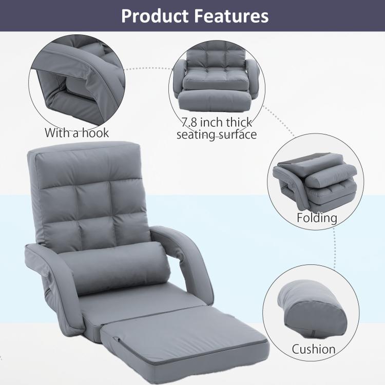 Grey folding lounge chair with thick padded seat cushion and quilted backrest