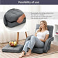 Grey reclining folding lounge chair with cushioned back, seat pad, and armrests