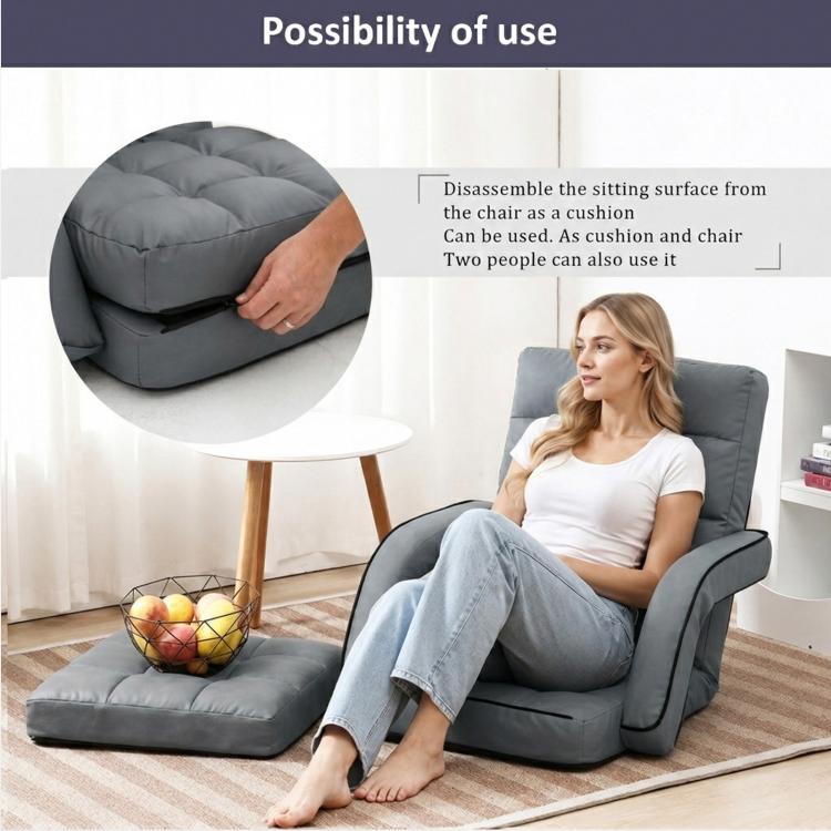 Grey reclining folding lounge chair with cushioned back, seat pad, and armrests
