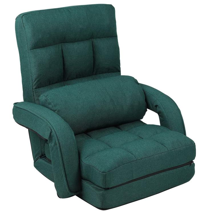 Green padded adjustable floor lounge chair with armrests and headrest pillow, reclined