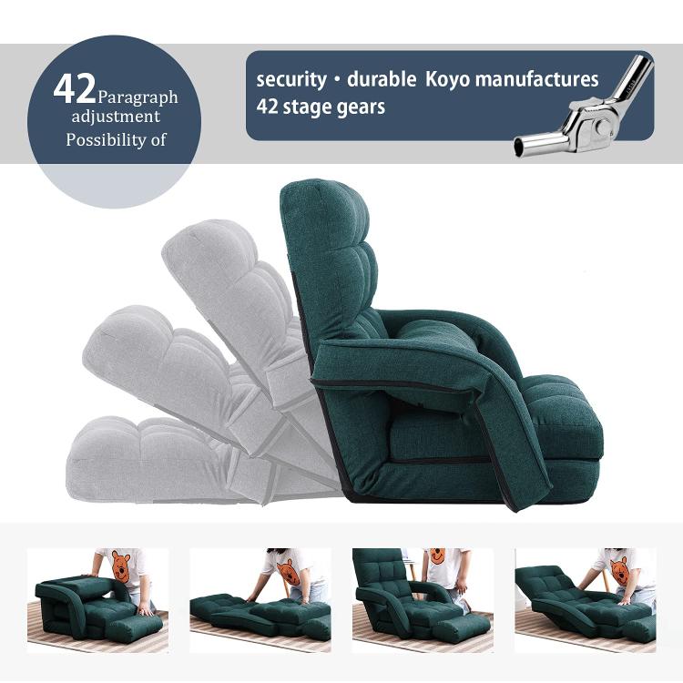 Green folding floor chair lounge with thick backrest, armrests, and head pillow extended