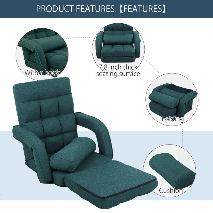 Green reclining floor chair with padded armrests and thick cushioned seating, folding design