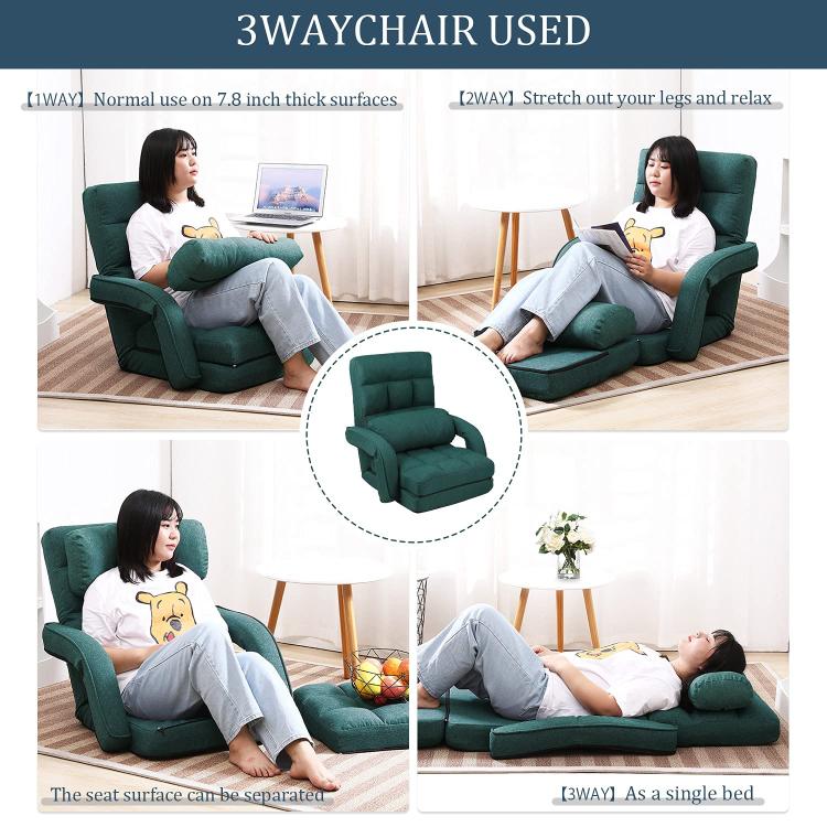 Green padded floor lounge chair with armrests and headrest, shown in reclined position