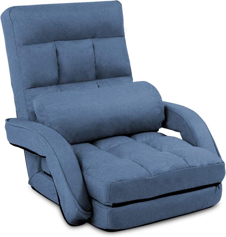 Blue adjustable floor chaise lounge chair with padded back, armrests, and seat cushion.
