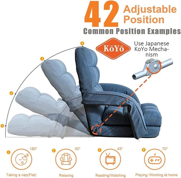 Blue folding adjustable floor chair shown in multiple recline positions with backrest support.