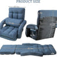 Blue adjustable floor chair with padded backrest and seat, shown with product size diagram.