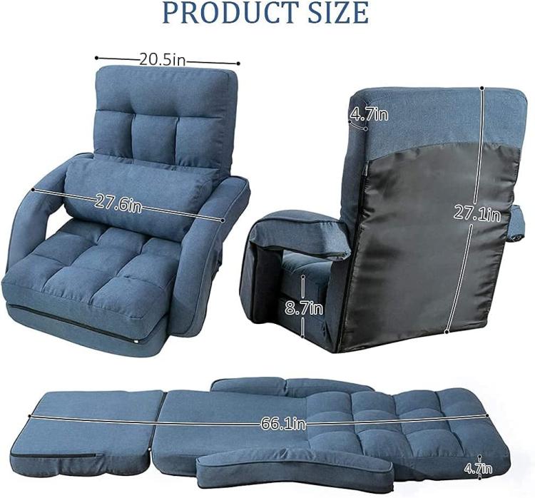 Blue adjustable floor chair with padded backrest and seat, shown with product size diagram.