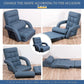 Blue reclining floor chair showing three shape positions: seated, reclined, and fully laid out.