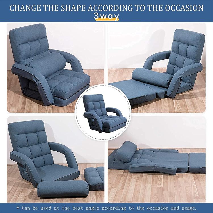 Blue reclining floor chair showing three shape positions: seated, reclined, and fully laid out.