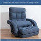 Blue adjustable floor chair with cushioned backrest and curved armrests, plus matching waist pad.