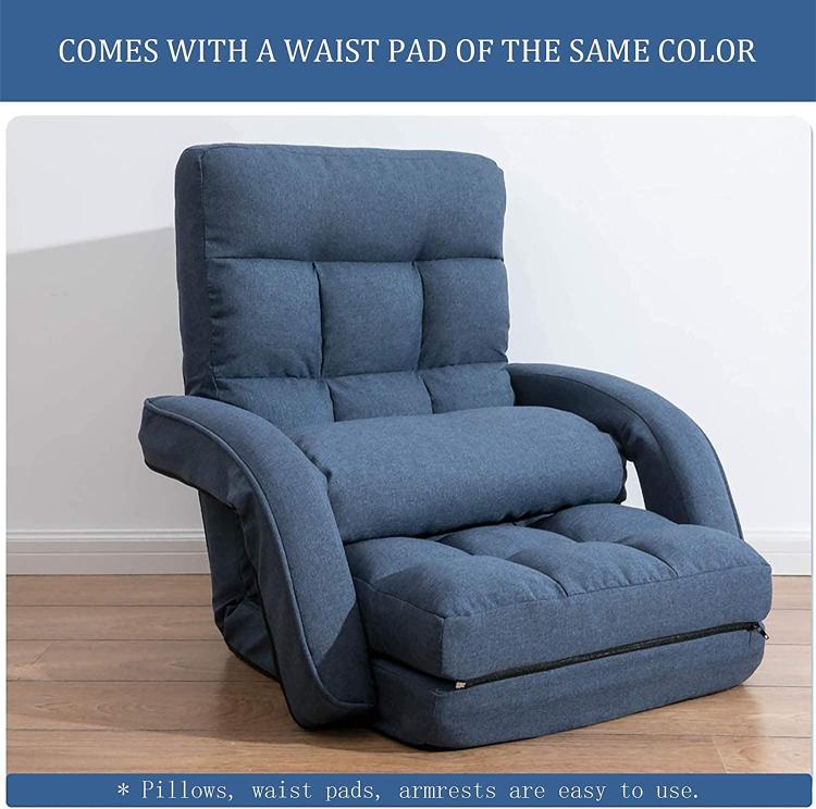 Blue adjustable floor chair with cushioned backrest and curved armrests, plus matching waist pad.