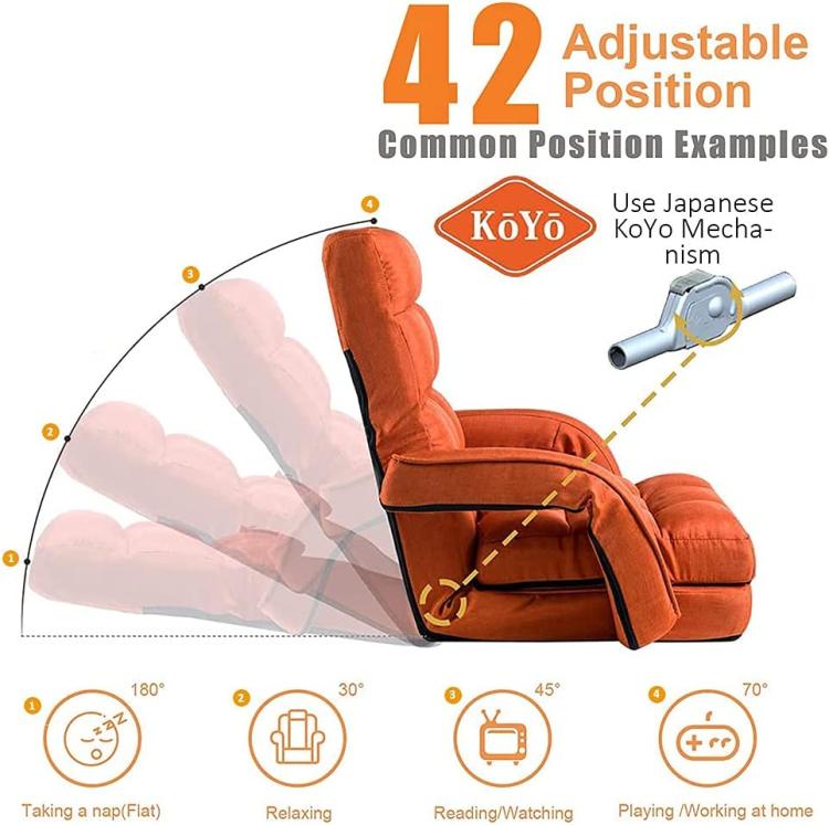 Orange adjustable folding chaise lounge chair shown in reclining positions diagram