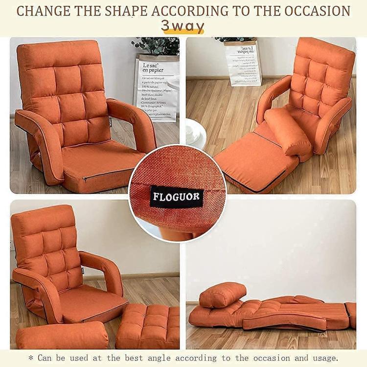 Orange folding chaise lounge chair with headrest pillow shown in multiple recline shapes