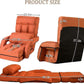 Orange folding chaise lounge chair with backrest and footrest, product size diagram