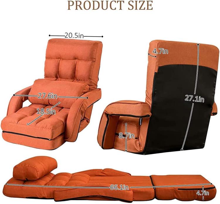Orange folding chaise lounge chair with backrest and footrest, product size diagram