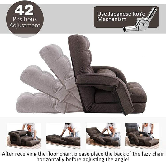 Brown adjustable floor chair with reclining backrest, thick cushions, and armrests