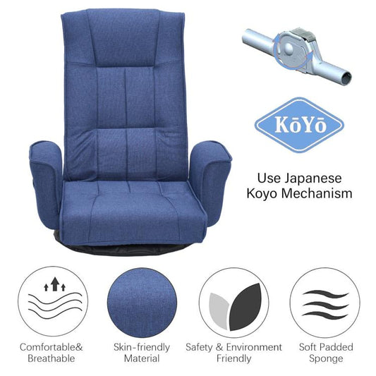 360 Degrees Swivel Floor Chair for Adults, 14-Position Adjustable Folding Floor Lounger with Armrests for Reading, Gaming & Relaxing