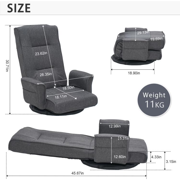 Dark grey adjustable floor chair with backrest, seat cushion, and folding base