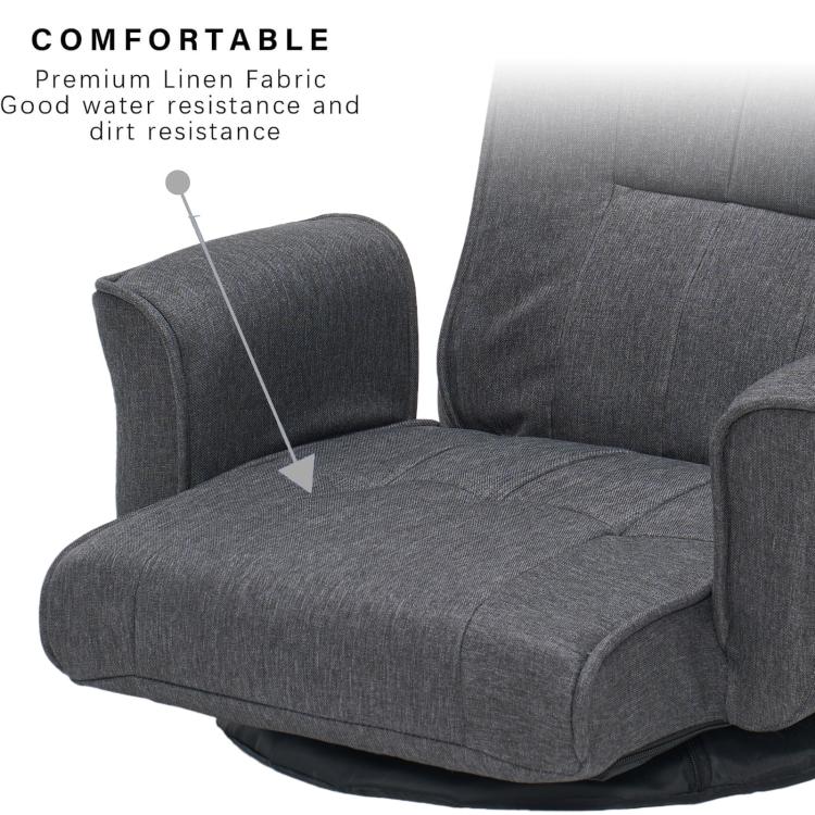 Dark grey reclining floor chair with padded seat and curved backrest
