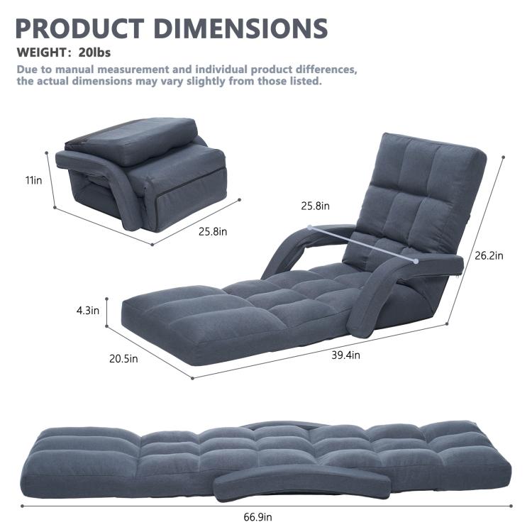 Grey adjustable floor chair recliner with padded backrest and extended footrest