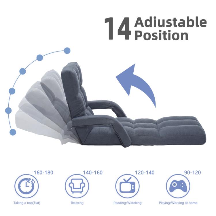 Grey adjustable floor recliner chair with multi-position back and leg support