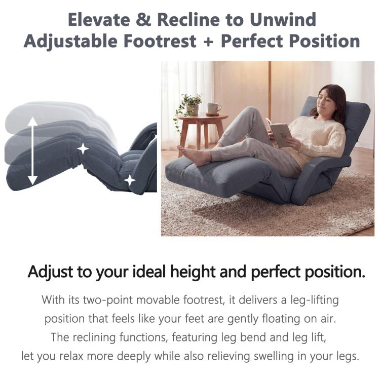 Grey adjustable floor recliner chair with lift-up footrest and reclined back