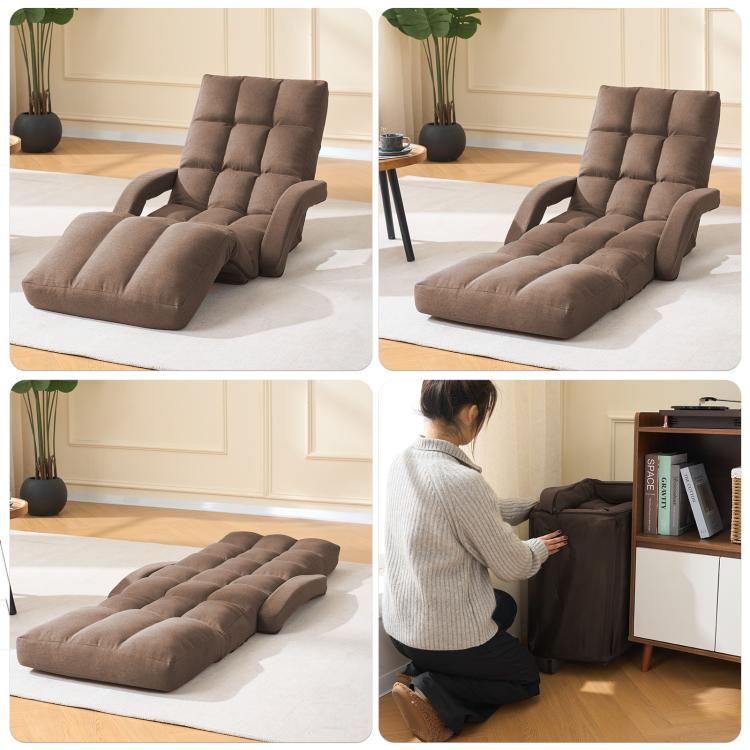Brown floor lounge chair shown in multiple recline positions with thick cushioning