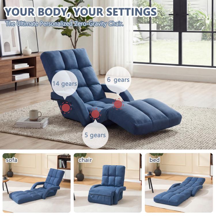 Blue zero-gravity floor chair with adjustable recline and padded headrest