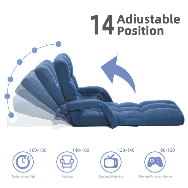 Blue adjustable recline floor chair with cushioned back and extendable footrest