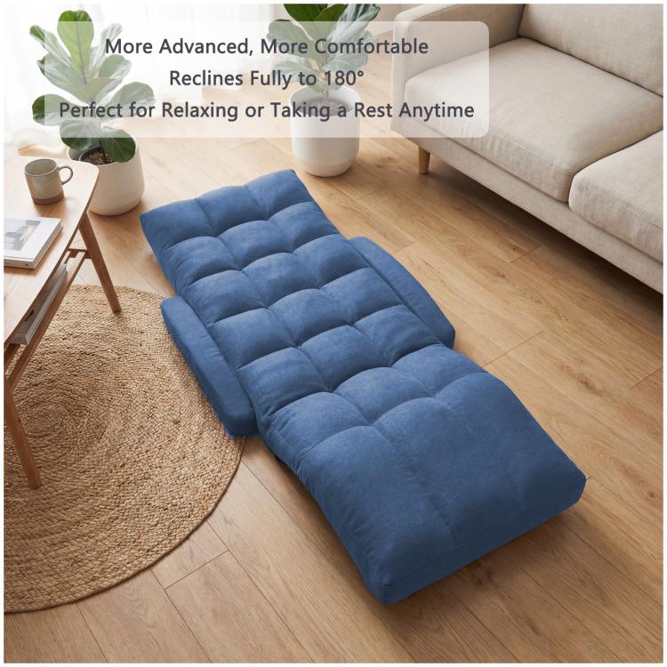 Blue padded floor recliner laid flat with segmented cushions and adjustable back